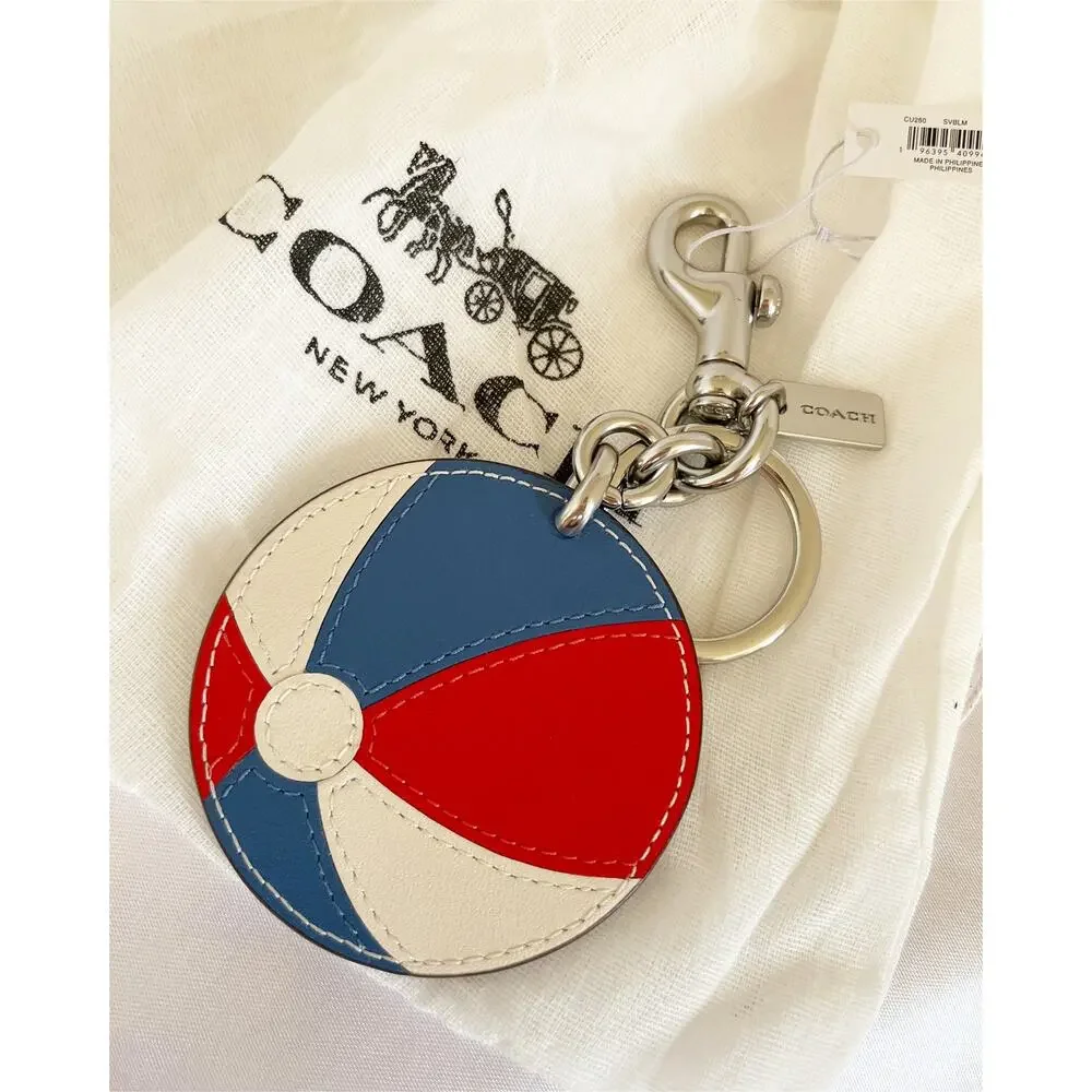 COACH Leather Beach Ball Bag Charm Keychain Key Ring Blue Red White NWT